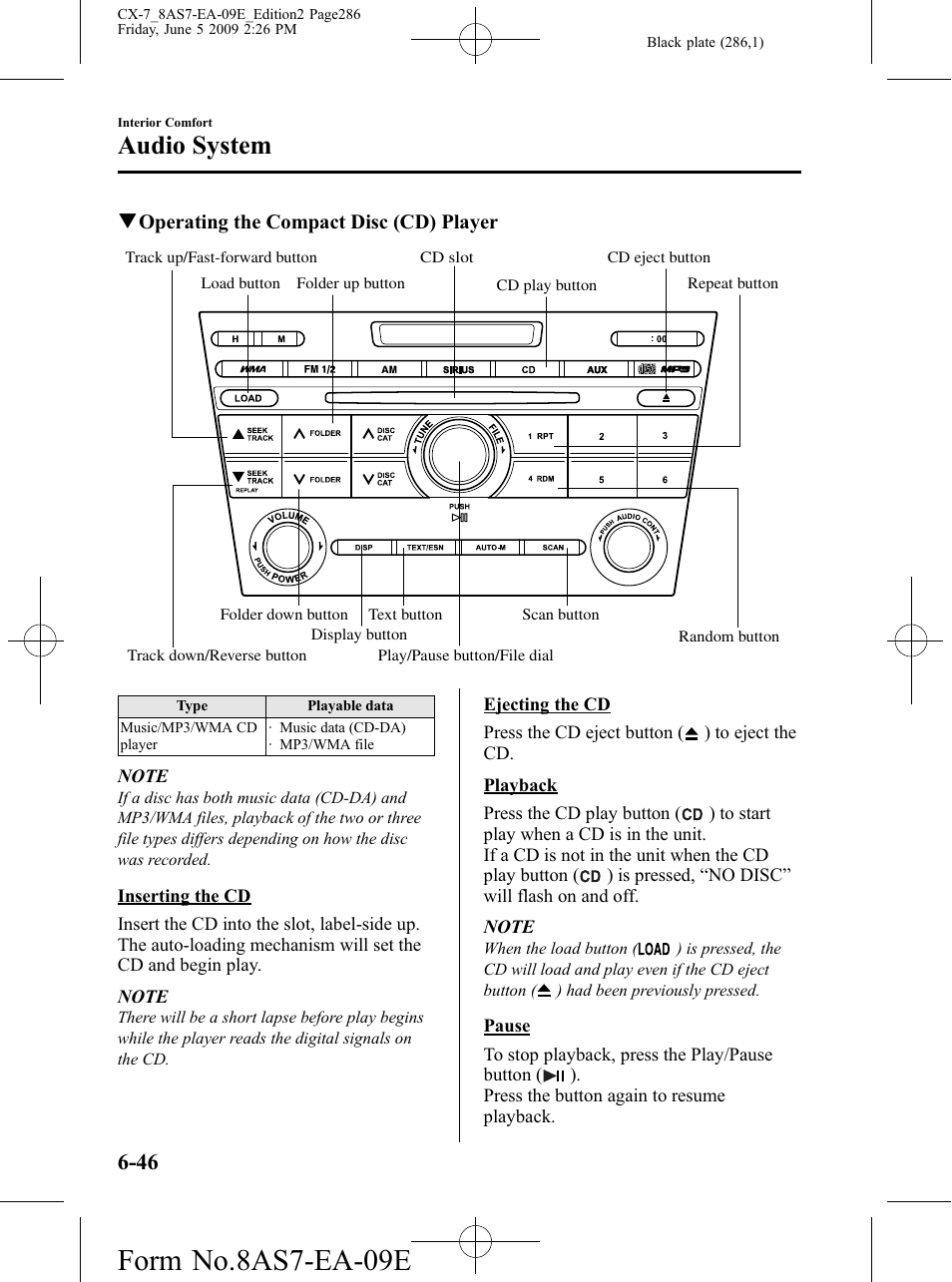 Form no.8as7-ea-09e, Audio system | Mazda 2010 CX-7 User Manual | Page 286 / 510