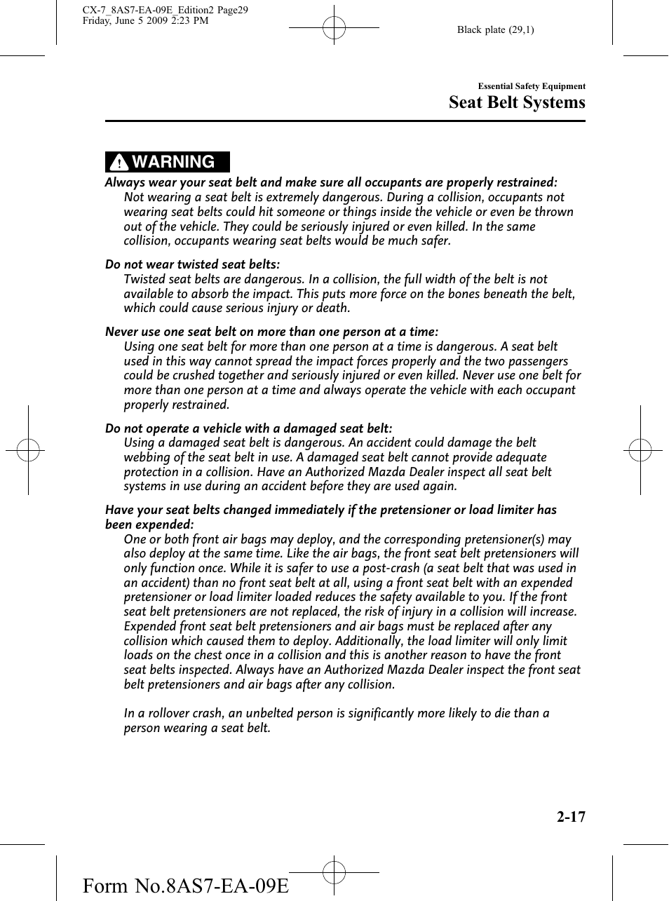 Form no.8as7-ea-09e, Seat belt systems, Warning | Mazda 2010 CX-7 User Manual | Page 29 / 510