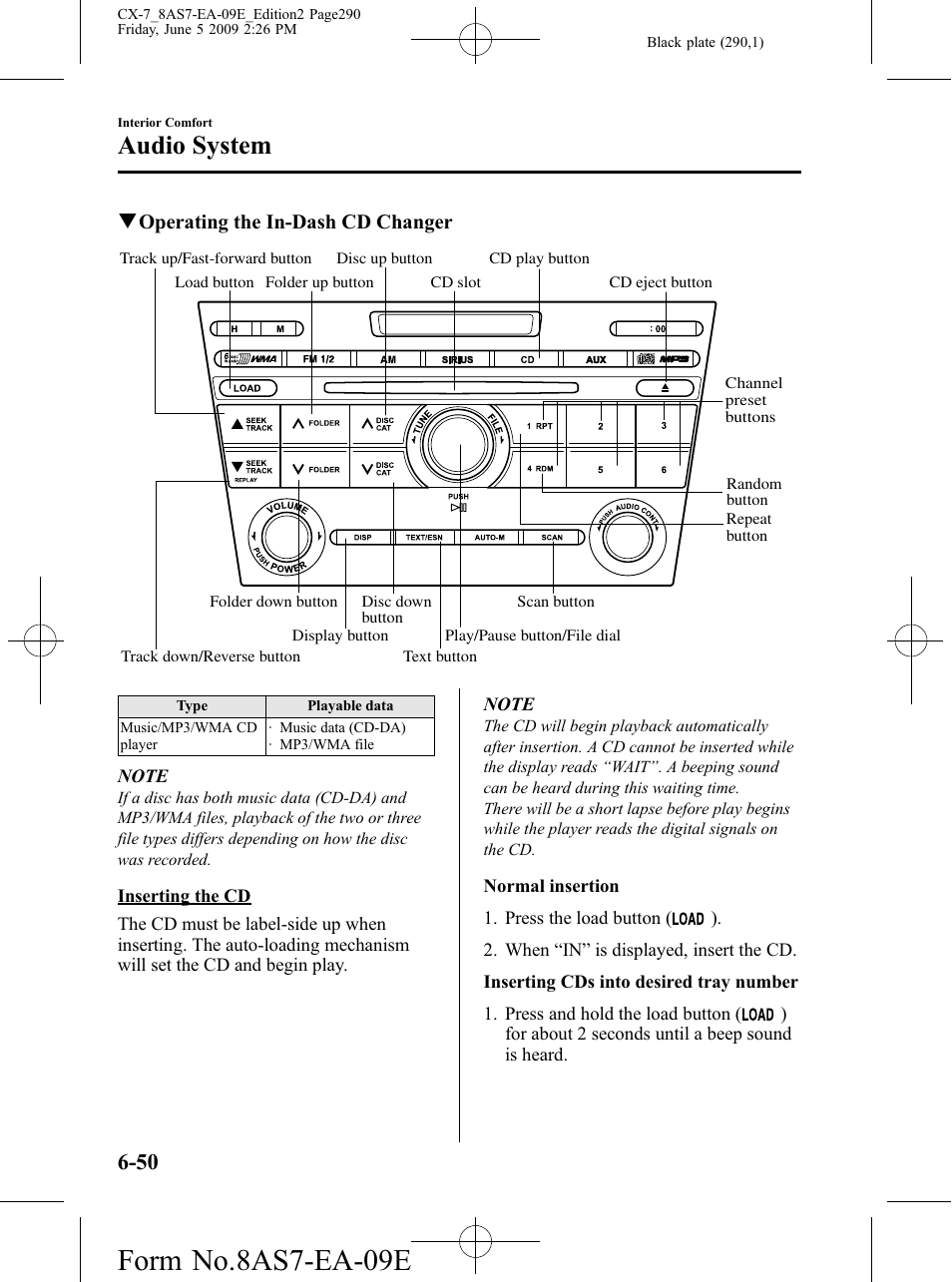 Form no.8as7-ea-09e, Audio system | Mazda 2010 CX-7 User Manual | Page 290 / 510