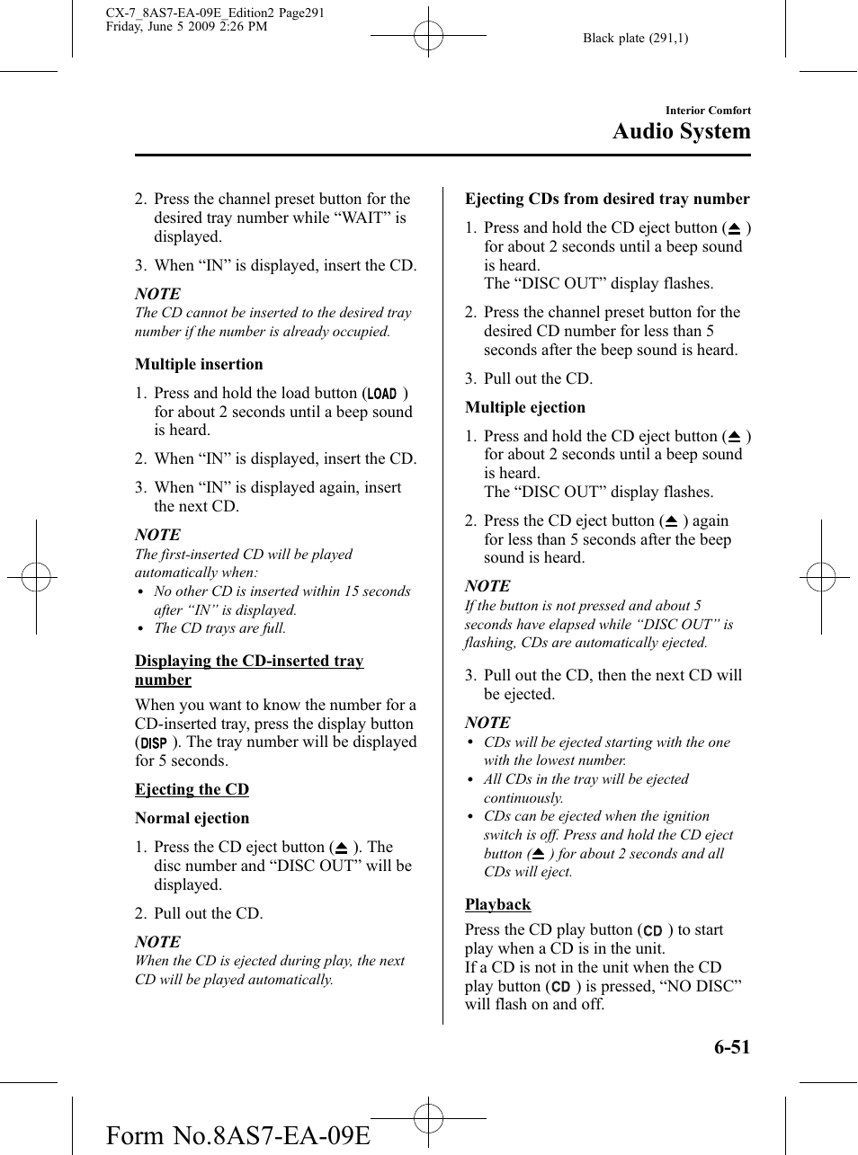 Form no.8as7-ea-09e, Audio system | Mazda 2010 CX-7 User Manual | Page 291 / 510