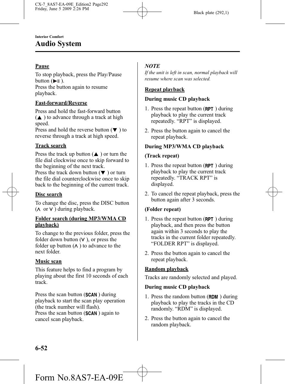 Form no.8as7-ea-09e, Audio system | Mazda 2010 CX-7 User Manual | Page 292 / 510