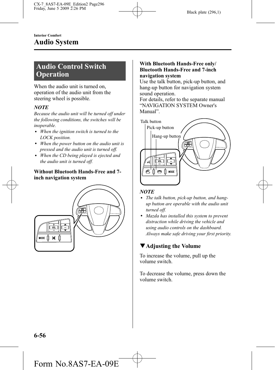 Audio control switch operation, Audio control switch operation -56, Form no.8as7-ea-09e | Audio system, Qadjusting the volume | Mazda 2010 CX-7 User Manual | Page 296 / 510