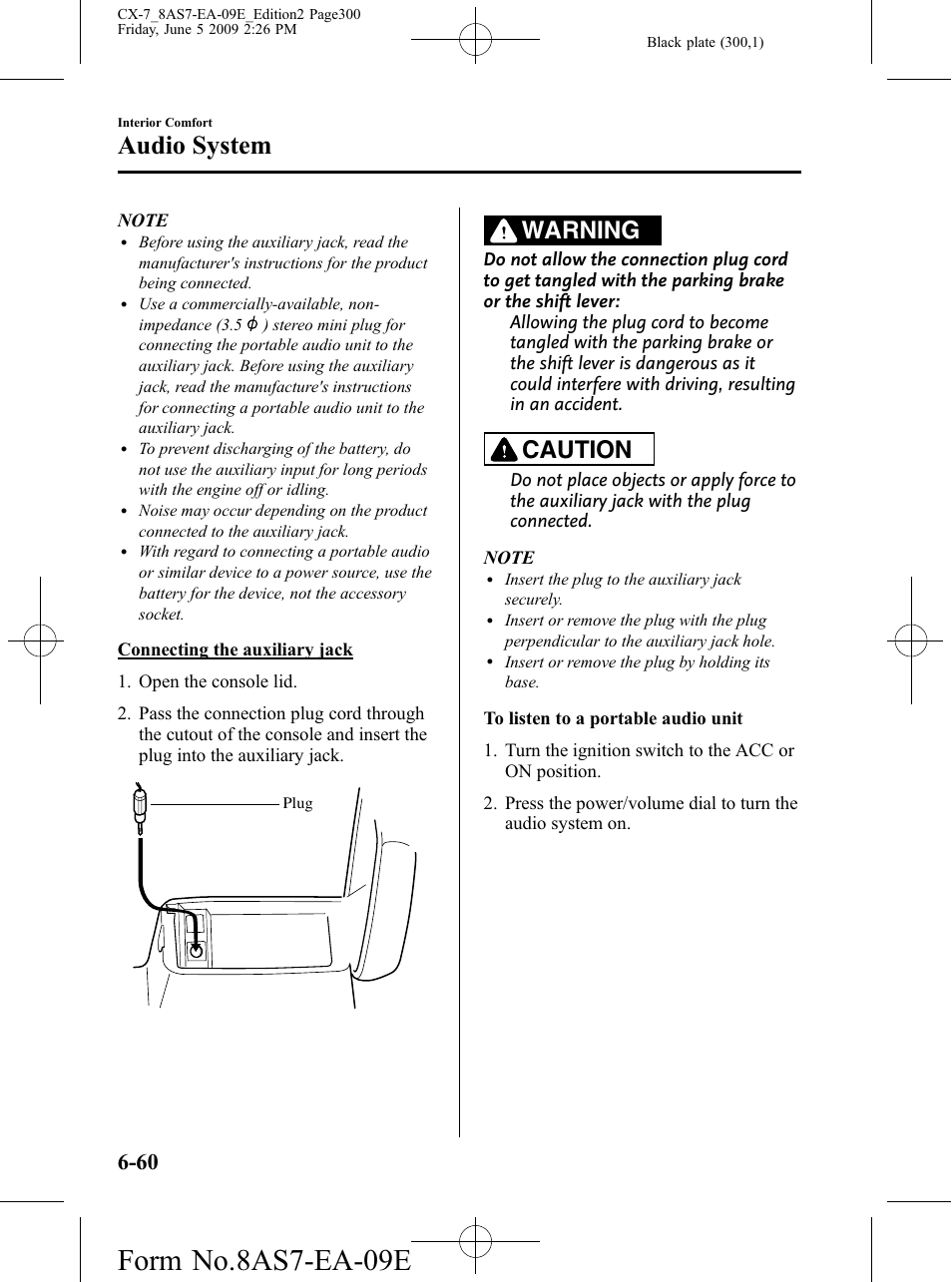 Form no.8as7-ea-09e, Audio system, Warning | Caution | Mazda 2010 CX-7 User Manual | Page 300 / 510