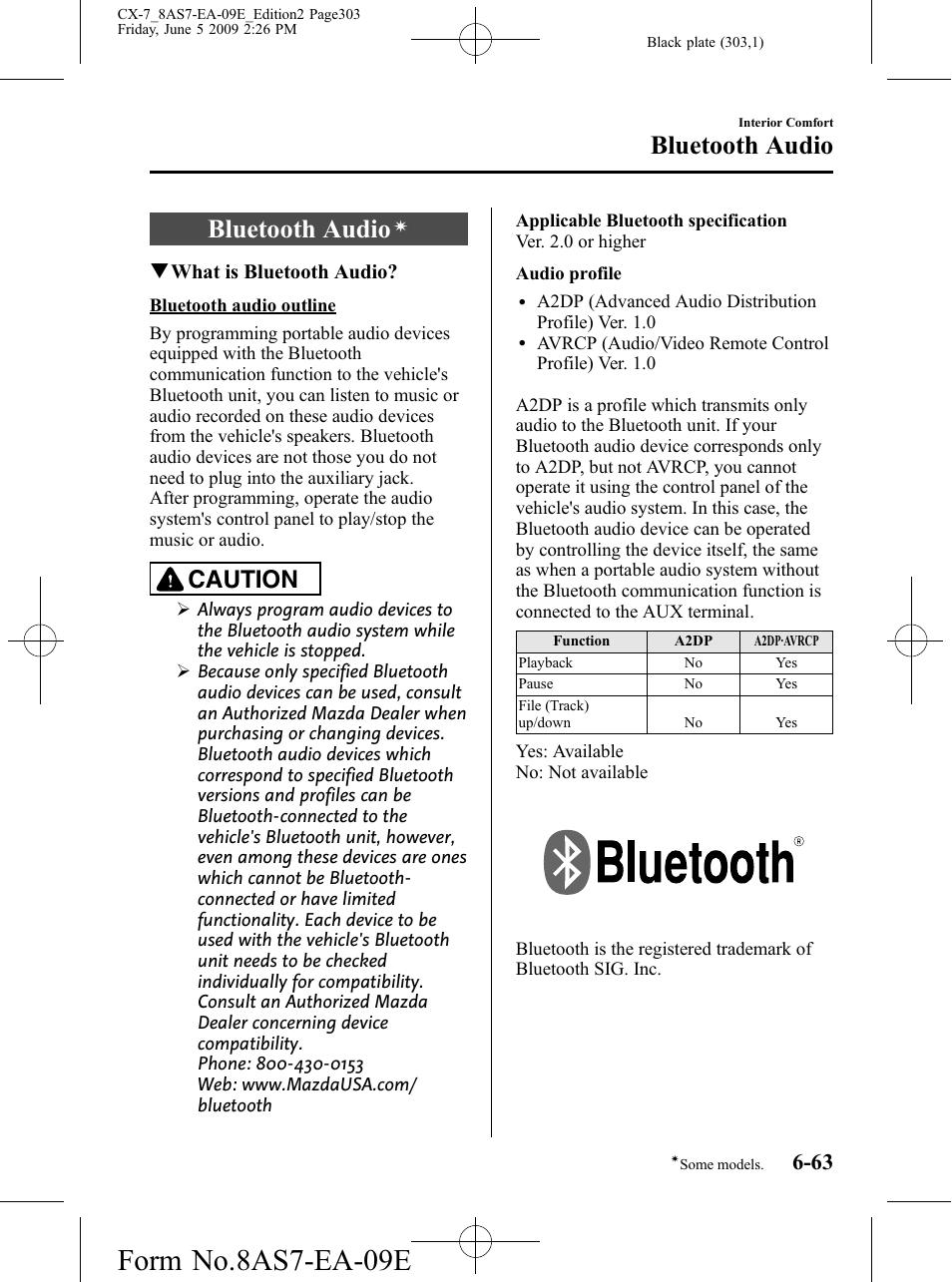 Bluetooth audio, Bluetooth audio -63, Form no.8as7-ea-09e | Caution | Mazda 2010 CX-7 User Manual | Page 303 / 510