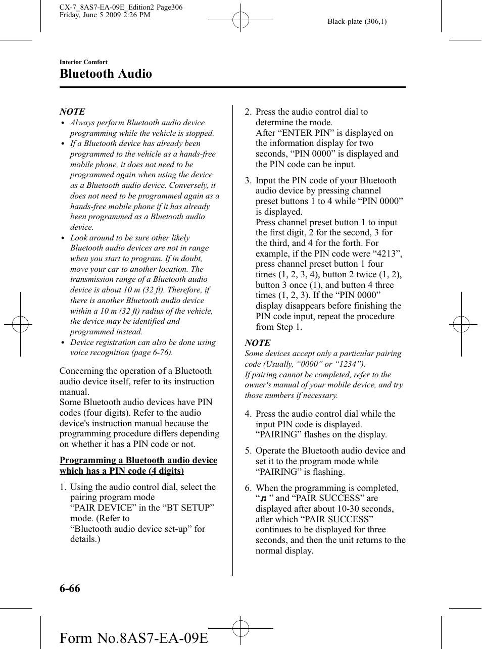 Form no.8as7-ea-09e, Bluetooth audio | Mazda 2010 CX-7 User Manual | Page 306 / 510