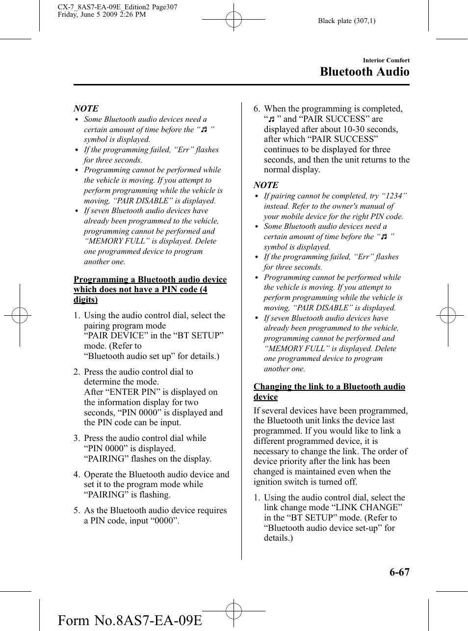 Form no.8as7-ea-09e, Bluetooth audio | Mazda 2010 CX-7 User Manual | Page 307 / 510