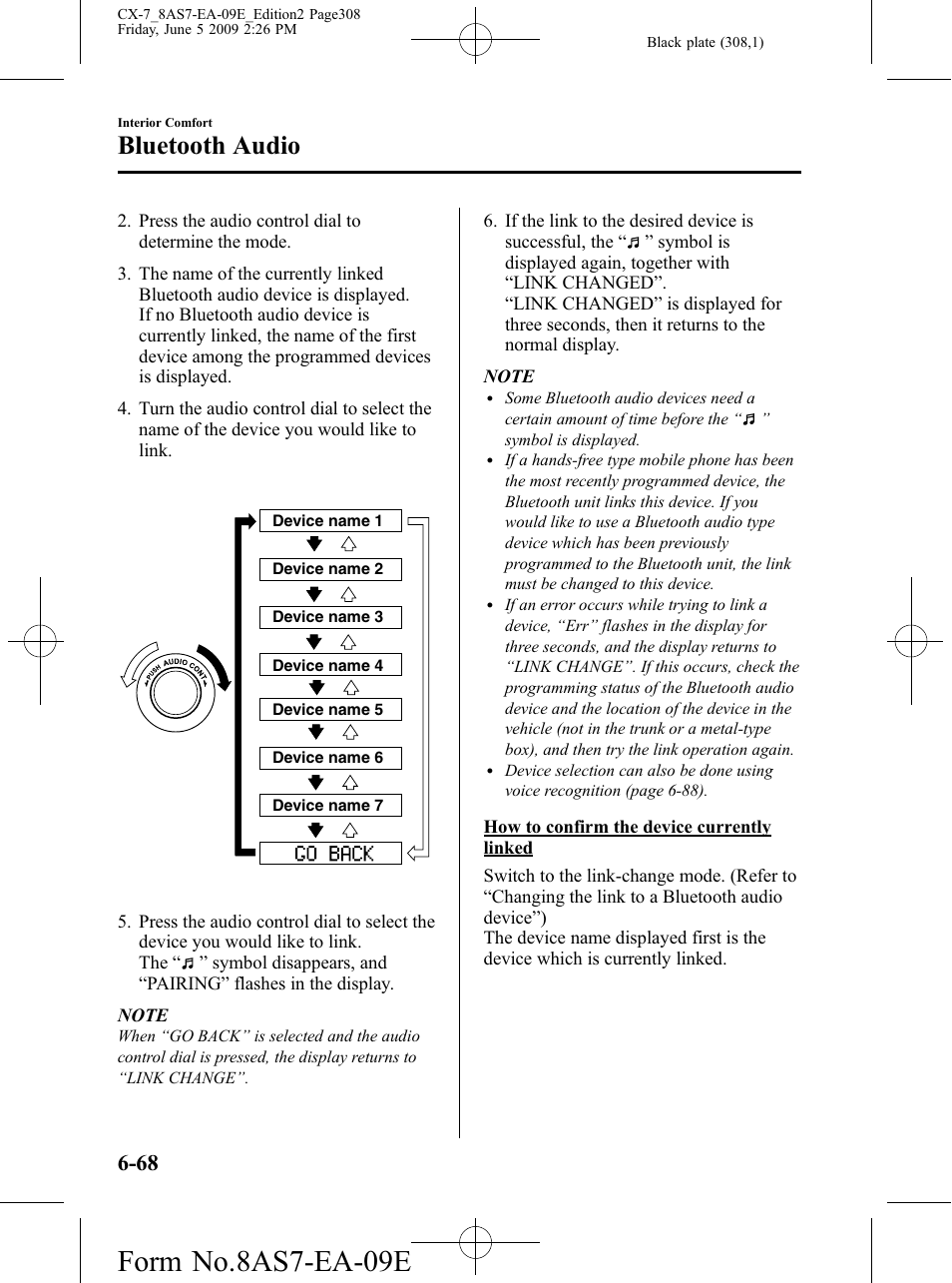 Form no.8as7-ea-09e, Bluetooth audio | Mazda 2010 CX-7 User Manual | Page 308 / 510