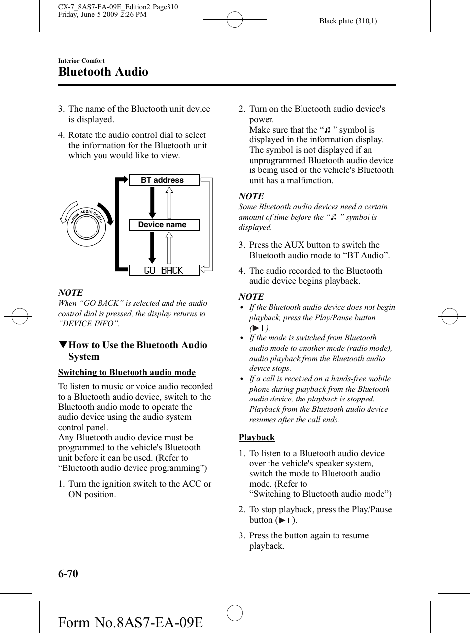 Form no.8as7-ea-09e, Bluetooth audio | Mazda 2010 CX-7 User Manual | Page 310 / 510