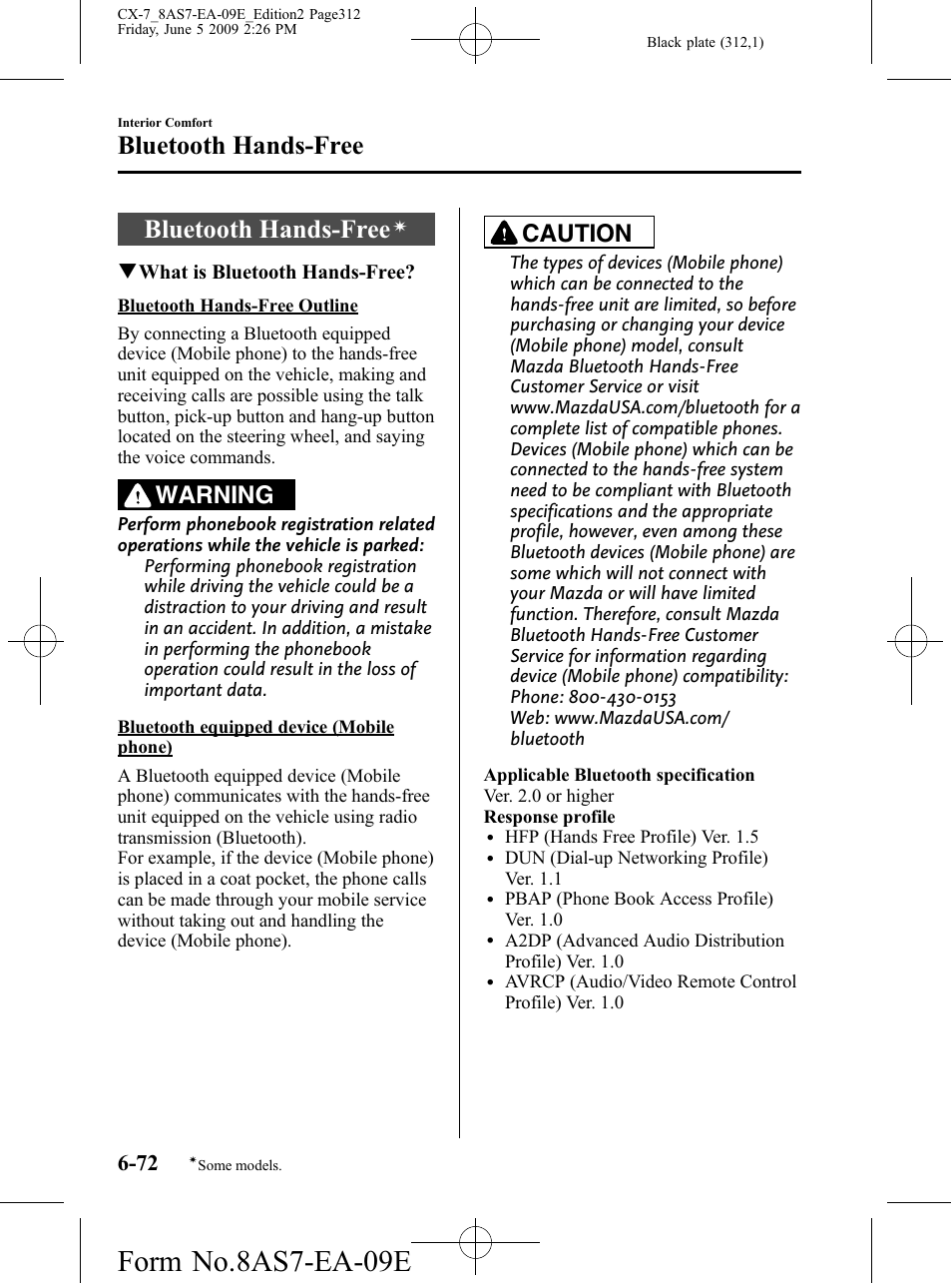 Bluetooth hands-free, Bluetooth hands-free -72, Form no.8as7-ea-09e | Warning, Caution | Mazda 2010 CX-7 User Manual | Page 312 / 510