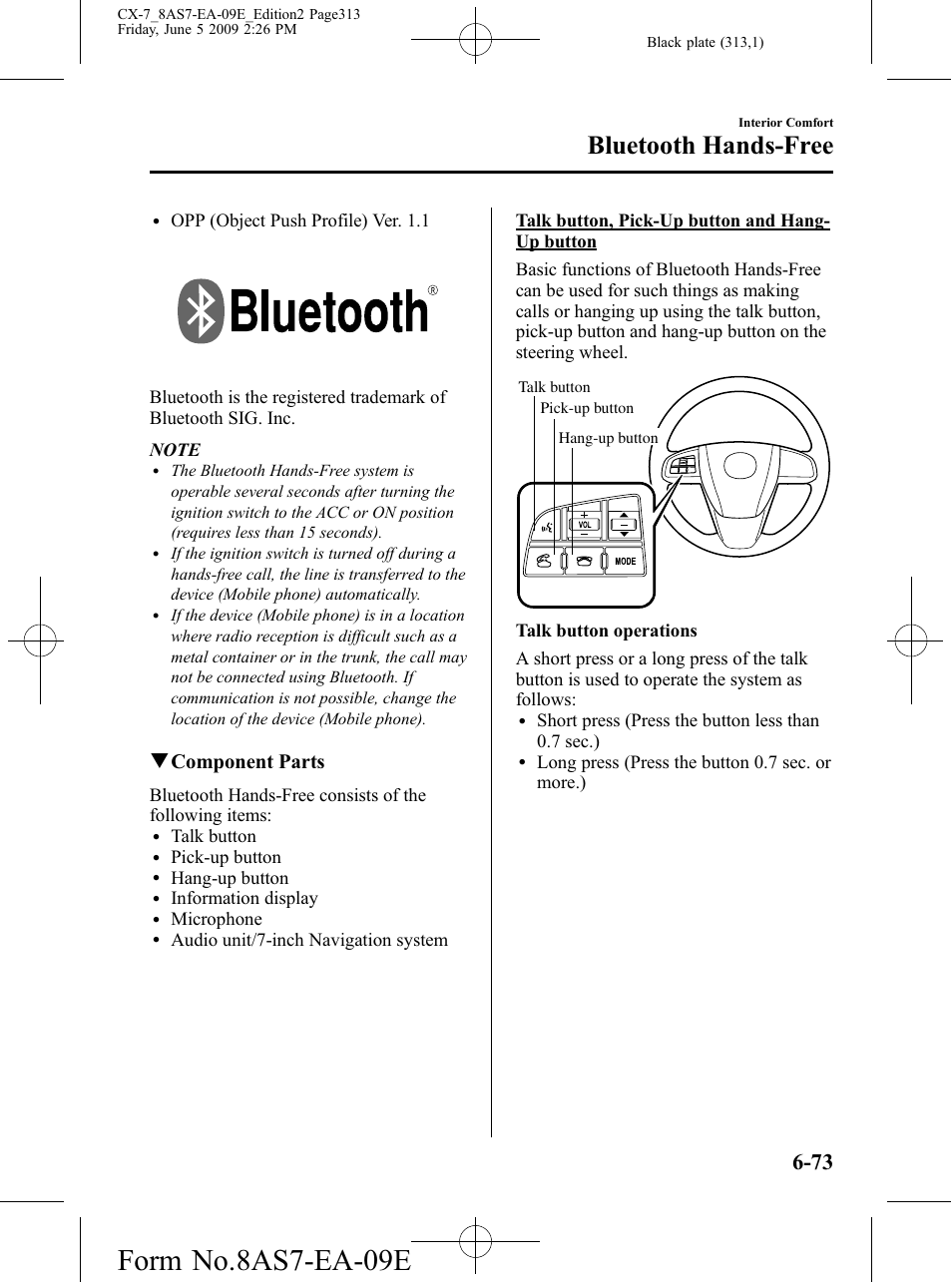 Form no.8as7-ea-09e, Bluetooth hands-free, Qcomponent parts | Mazda 2010 CX-7 User Manual | Page 313 / 510