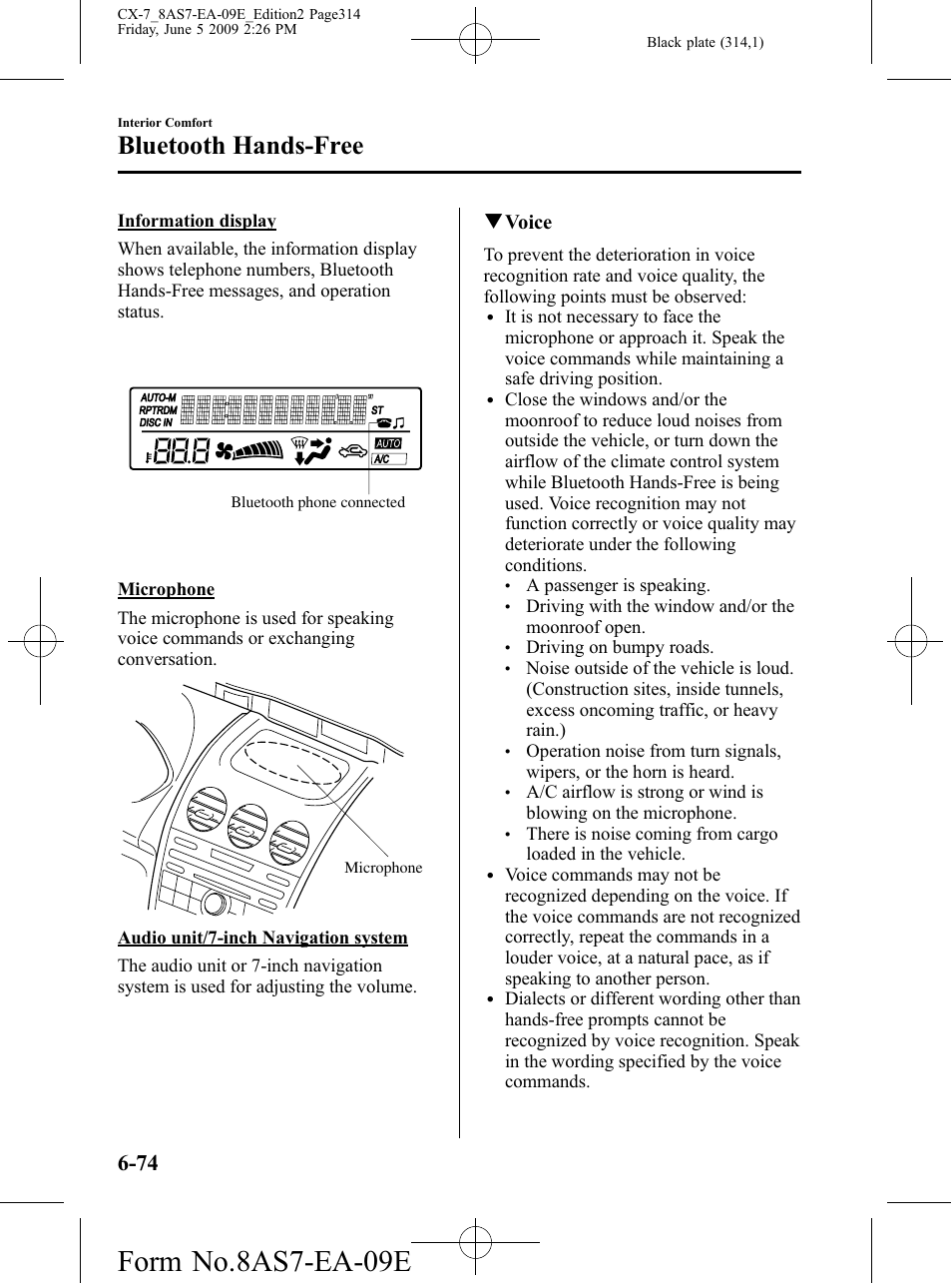 Form no.8as7-ea-09e, Bluetooth hands-free, Qvoice | Mazda 2010 CX-7 User Manual | Page 314 / 510