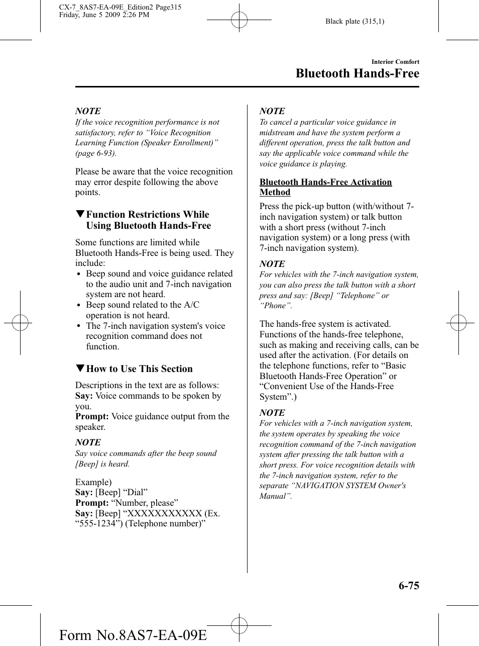 Form no.8as7-ea-09e, Bluetooth hands-free | Mazda 2010 CX-7 User Manual | Page 315 / 510