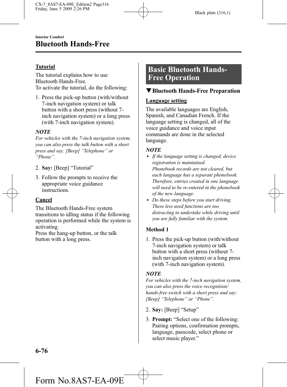 Basic bluetooth hands-free operation, Basic bluetooth hands-free operation -76, Form no.8as7-ea-09e | Basic bluetooth hands- free operation, Bluetooth hands-free | Mazda 2010 CX-7 User Manual | Page 316 / 510
