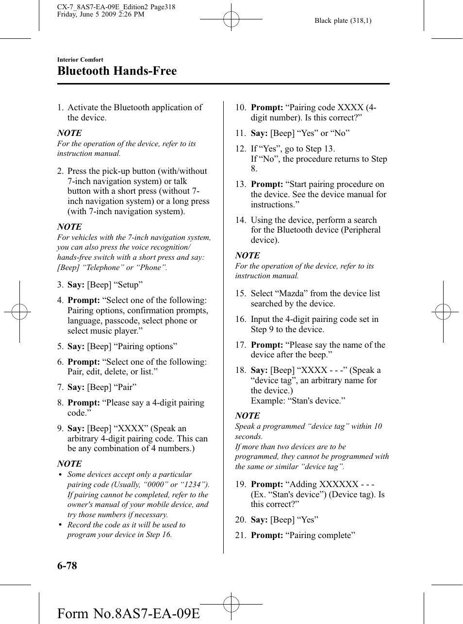 Form no.8as7-ea-09e, Bluetooth hands-free | Mazda 2010 CX-7 User Manual | Page 318 / 510