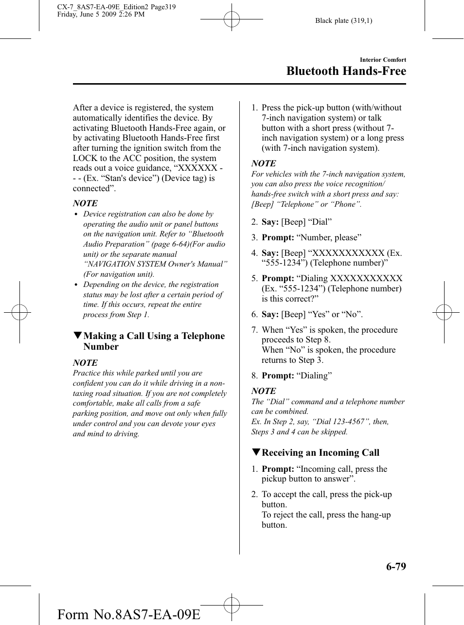Form no.8as7-ea-09e, Bluetooth hands-free | Mazda 2010 CX-7 User Manual | Page 319 / 510