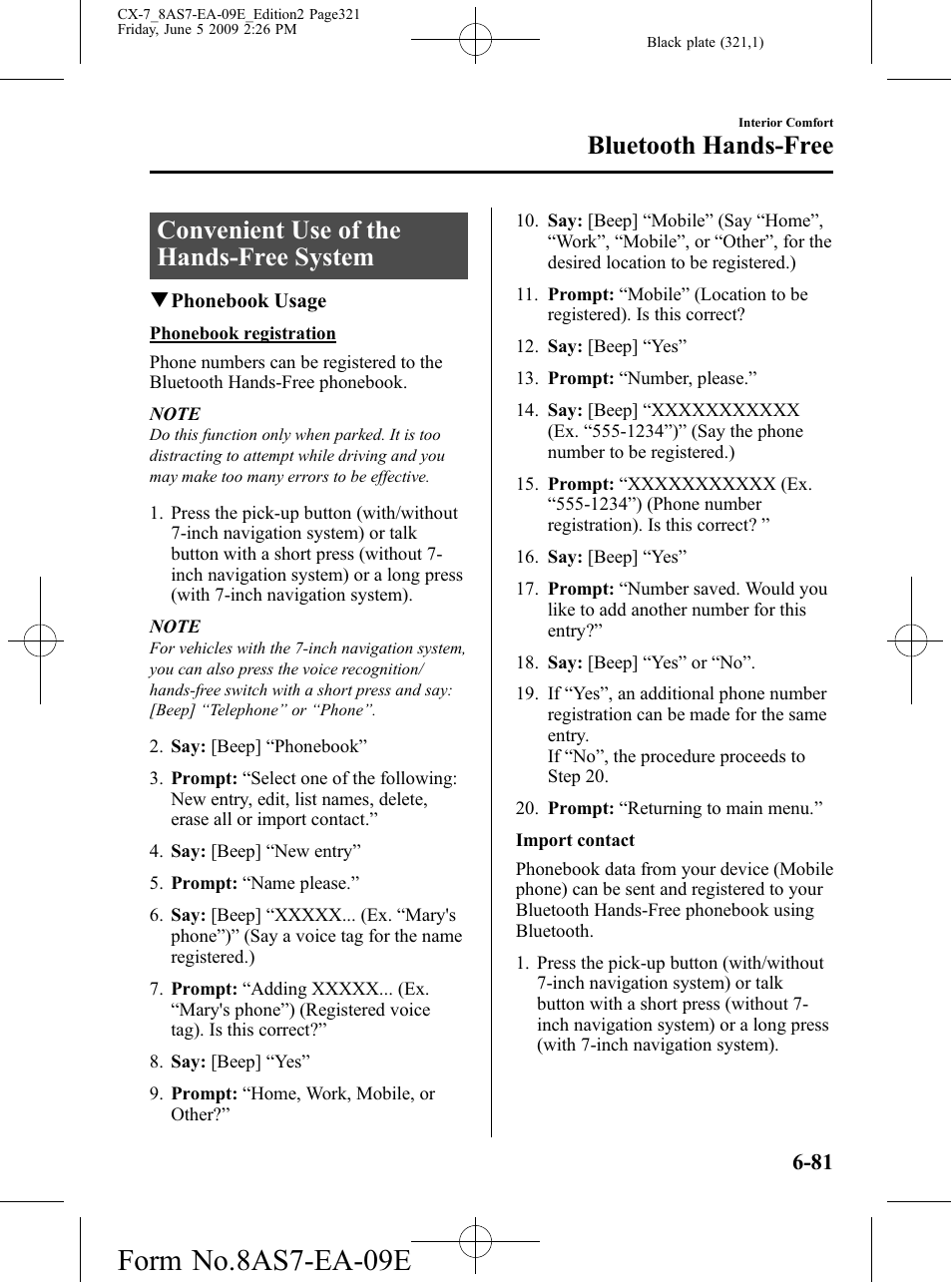 Convenient use of the hands-free system, Convenient use of the hands-free system -81, Form no.8as7-ea-09e | Bluetooth hands-free | Mazda 2010 CX-7 User Manual | Page 321 / 510