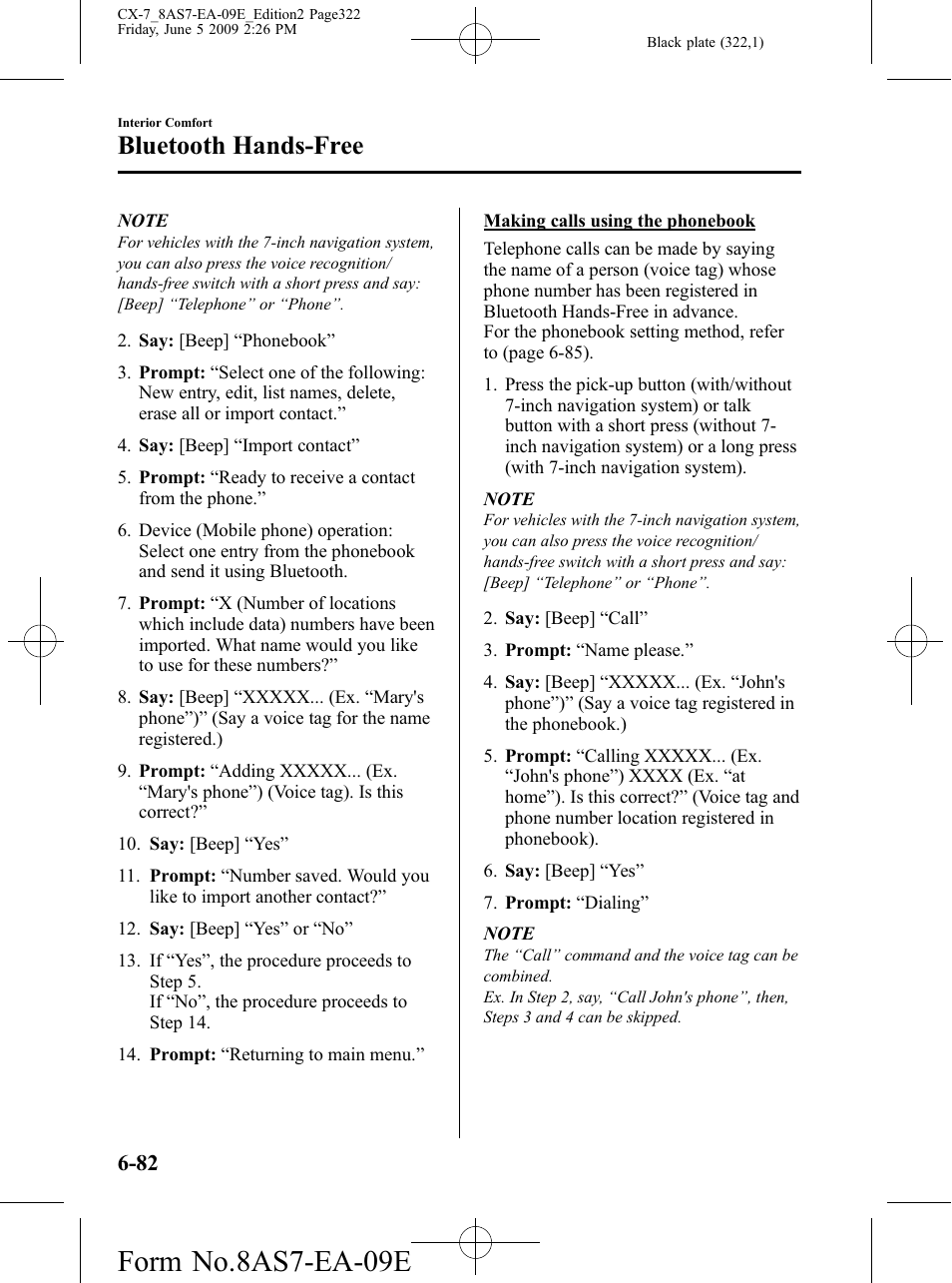 Form no.8as7-ea-09e, Bluetooth hands-free | Mazda 2010 CX-7 User Manual | Page 322 / 510