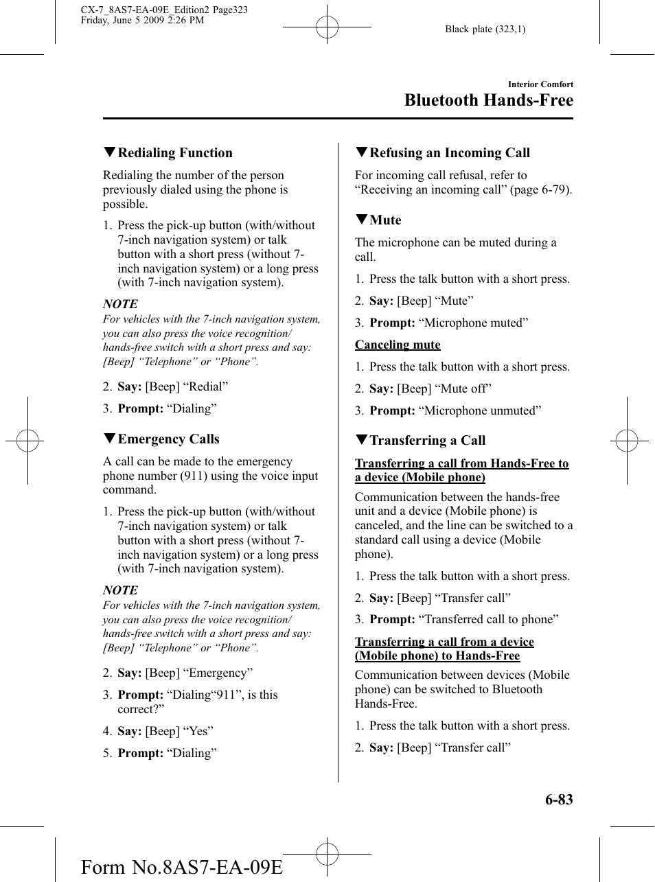 Form no.8as7-ea-09e, Bluetooth hands-free | Mazda 2010 CX-7 User Manual | Page 323 / 510