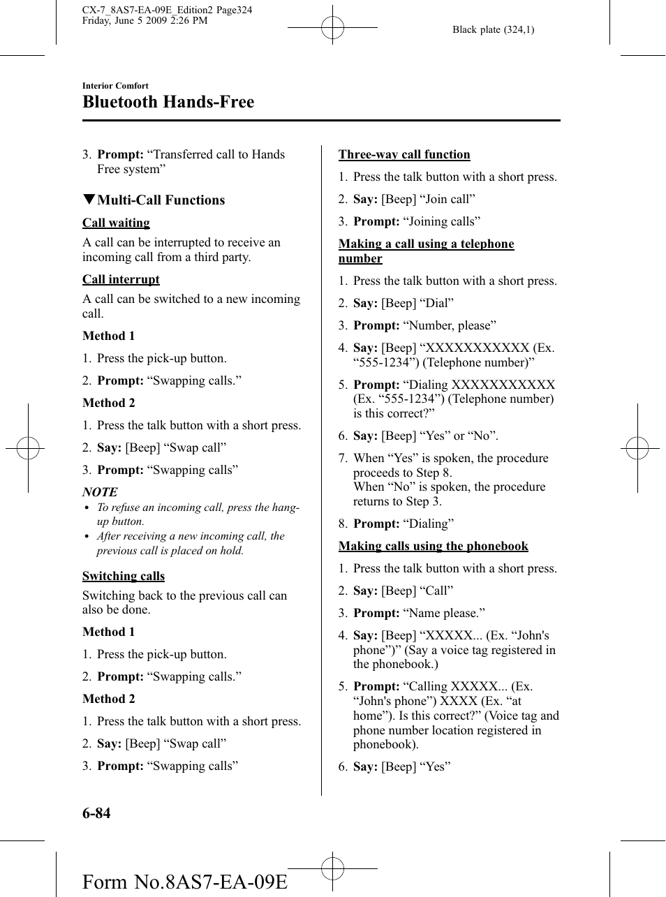 Form no.8as7-ea-09e, Bluetooth hands-free | Mazda 2010 CX-7 User Manual | Page 324 / 510