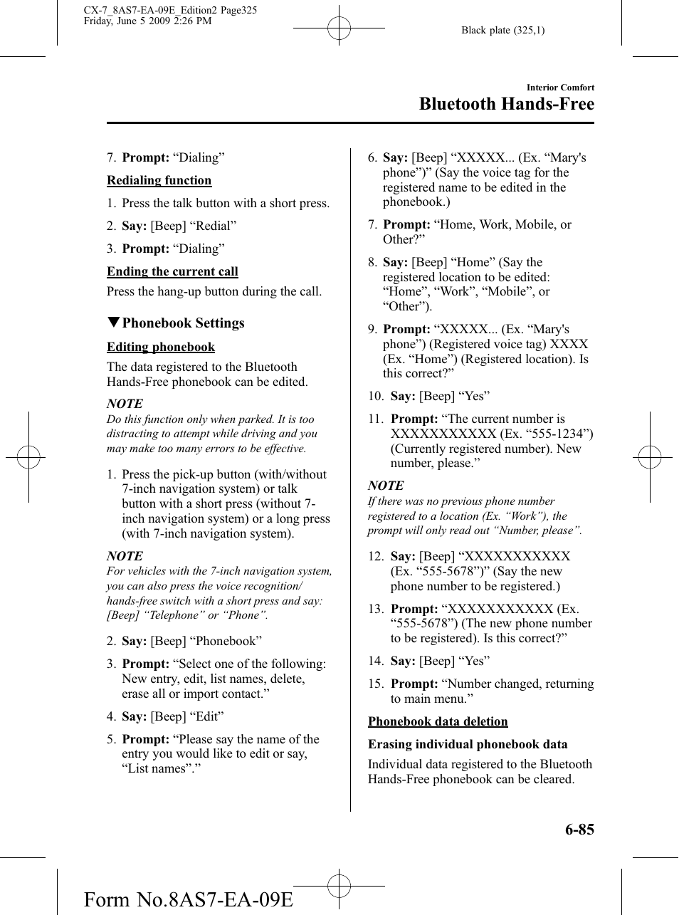 Form no.8as7-ea-09e, Bluetooth hands-free | Mazda 2010 CX-7 User Manual | Page 325 / 510