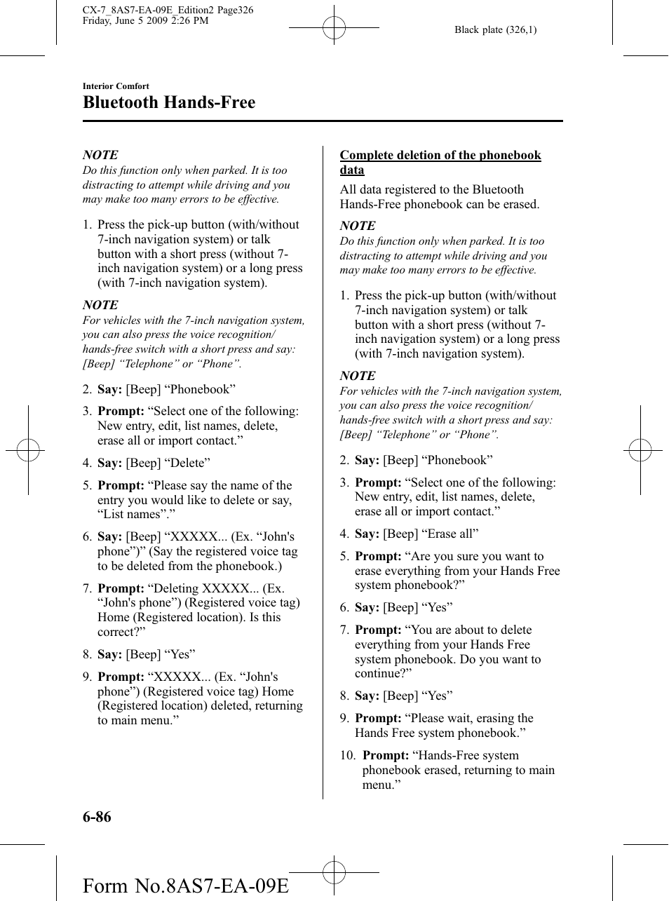 Form no.8as7-ea-09e, Bluetooth hands-free | Mazda 2010 CX-7 User Manual | Page 326 / 510