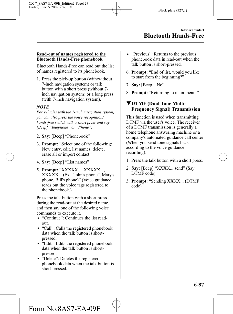 Form no.8as7-ea-09e, Bluetooth hands-free | Mazda 2010 CX-7 User Manual | Page 327 / 510