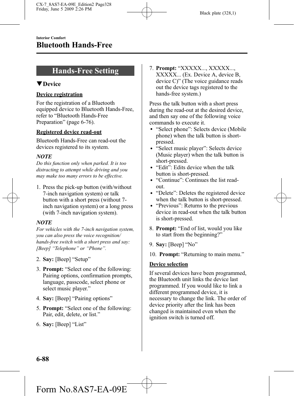 Hands-free setting, Hands-free setting -88, Form no.8as7-ea-09e | Bluetooth hands-free | Mazda 2010 CX-7 User Manual | Page 328 / 510