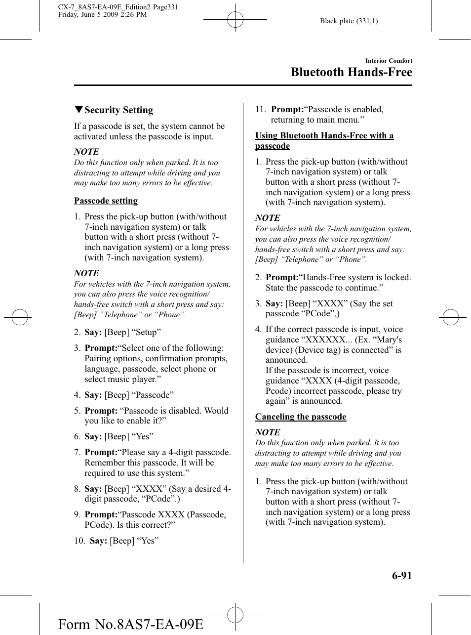 Form no.8as7-ea-09e, Bluetooth hands-free | Mazda 2010 CX-7 User Manual | Page 331 / 510