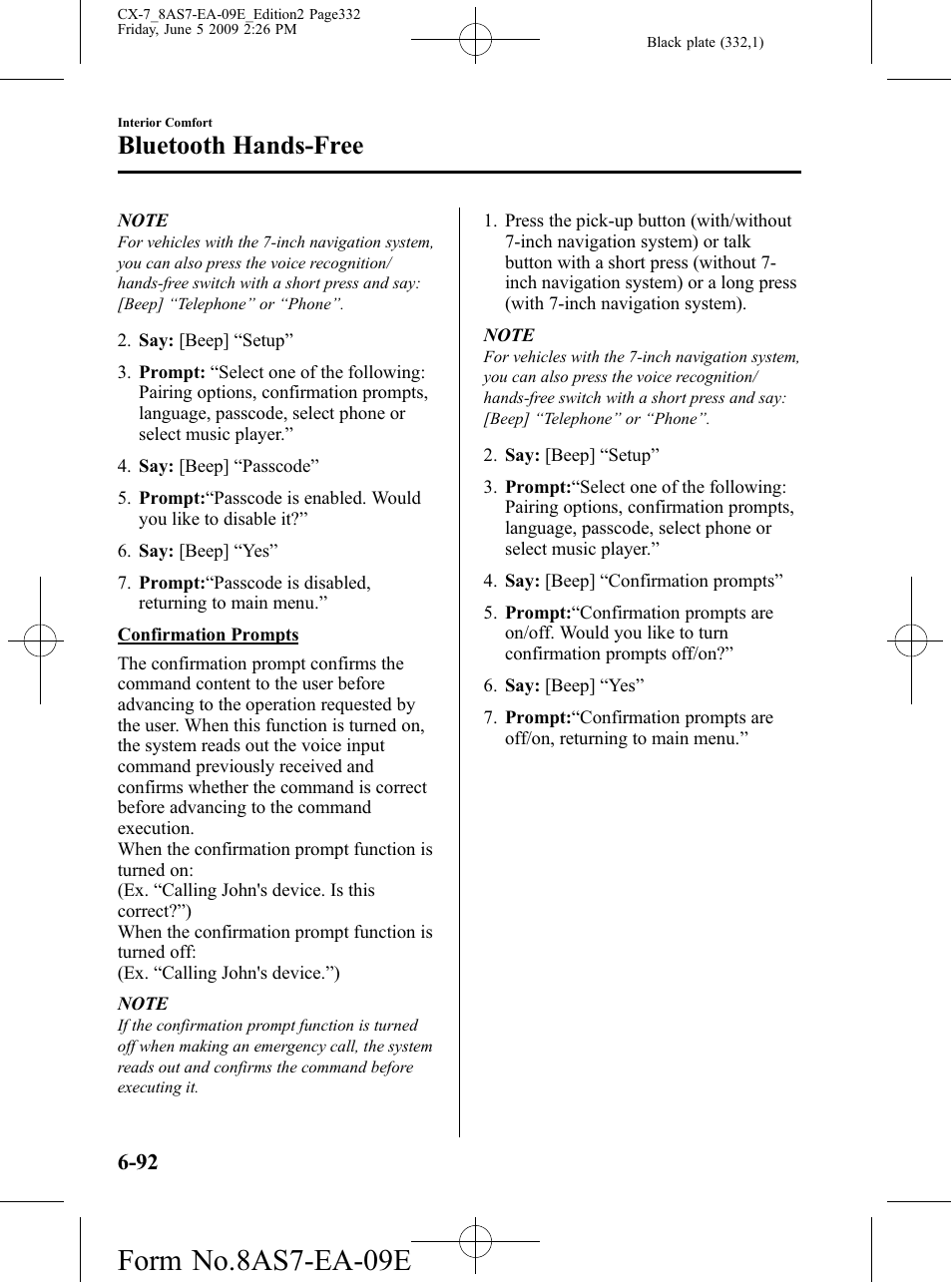 Form no.8as7-ea-09e, Bluetooth hands-free | Mazda 2010 CX-7 User Manual | Page 332 / 510