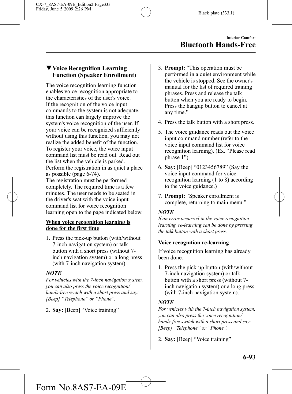 Form no.8as7-ea-09e, Bluetooth hands-free | Mazda 2010 CX-7 User Manual | Page 333 / 510