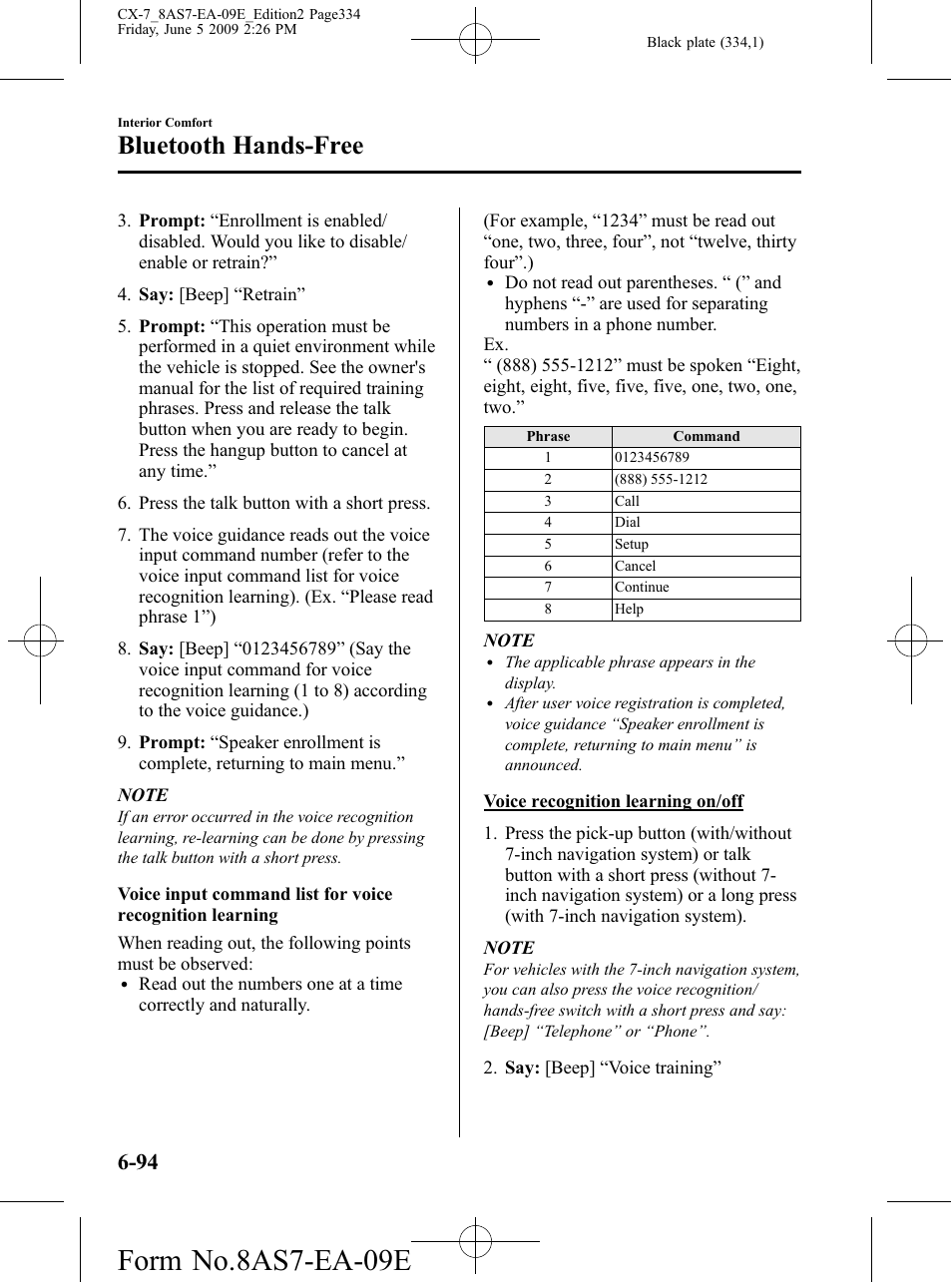 Form no.8as7-ea-09e, Bluetooth hands-free | Mazda 2010 CX-7 User Manual | Page 334 / 510