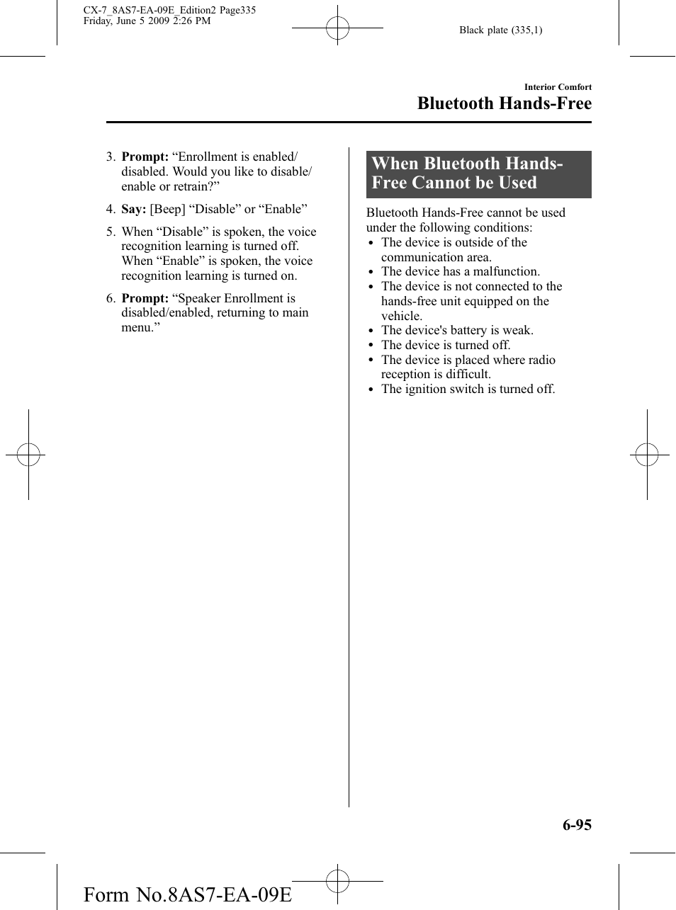 When bluetooth hands-free cannot be used, When bluetooth hands-free cannot be used -95, Form no.8as7-ea-09e | When bluetooth hands- free cannot be used, Bluetooth hands-free | Mazda 2010 CX-7 User Manual | Page 335 / 510