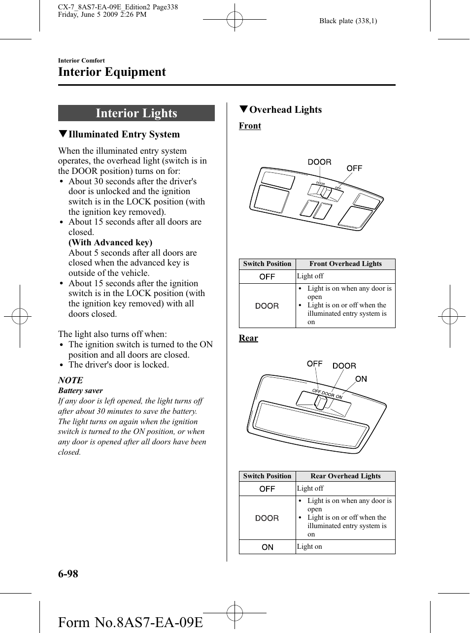 Interior lights, Interior lights -98, Form no.8as7-ea-09e | Interior equipment, Qilluminated entry system, Qoverhead lights | Mazda 2010 CX-7 User Manual | Page 338 / 510