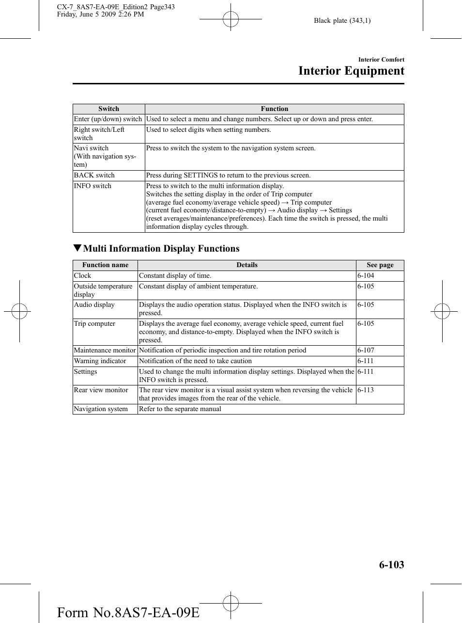 Form no.8as7-ea-09e, Interior equipment, Qmulti information display functions | Mazda 2010 CX-7 User Manual | Page 343 / 510