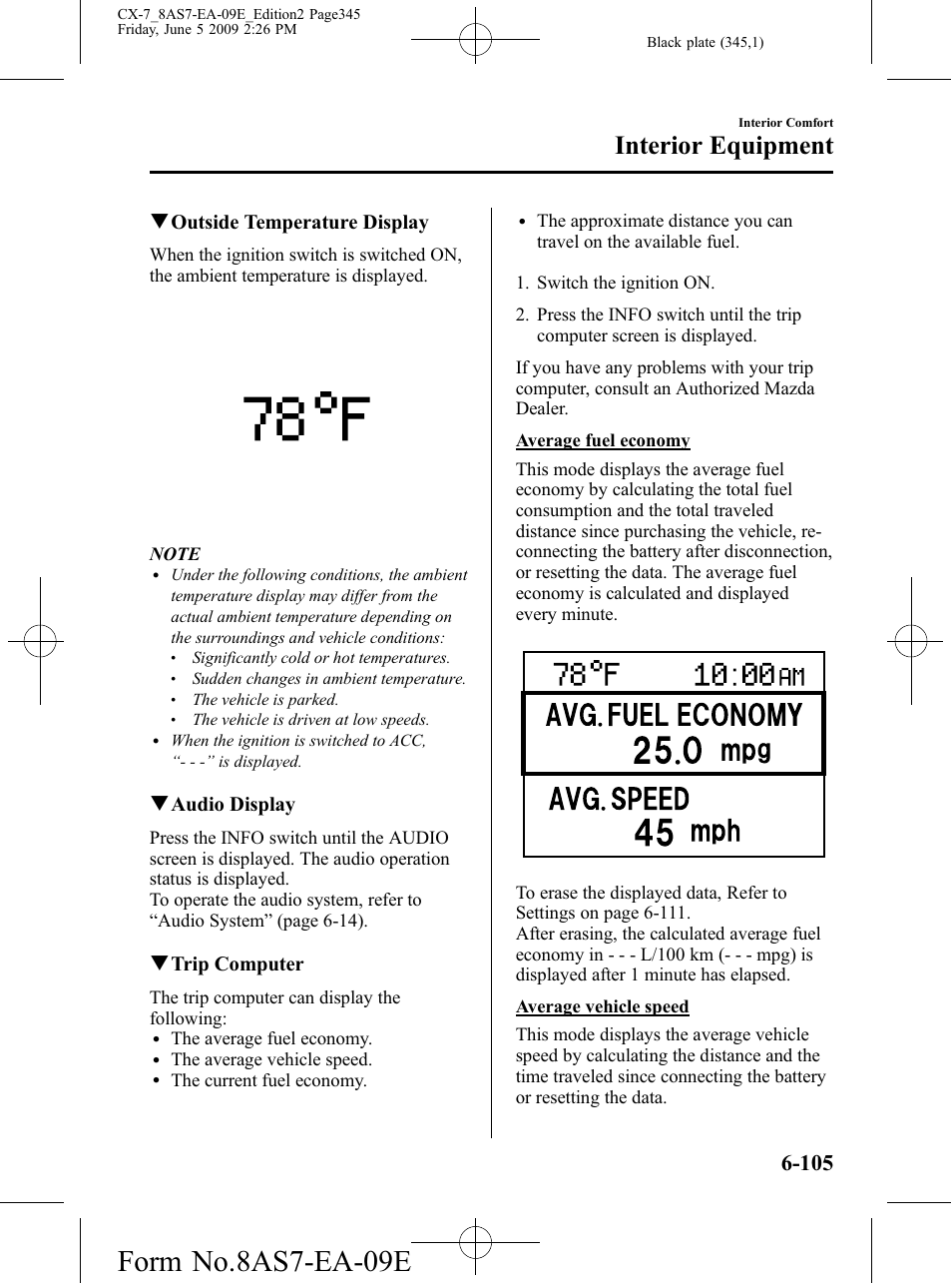 Form no.8as7-ea-09e, Interior equipment, Qoutside temperature display | Qaudio display, Qtrip computer | Mazda 2010 CX-7 User Manual | Page 345 / 510