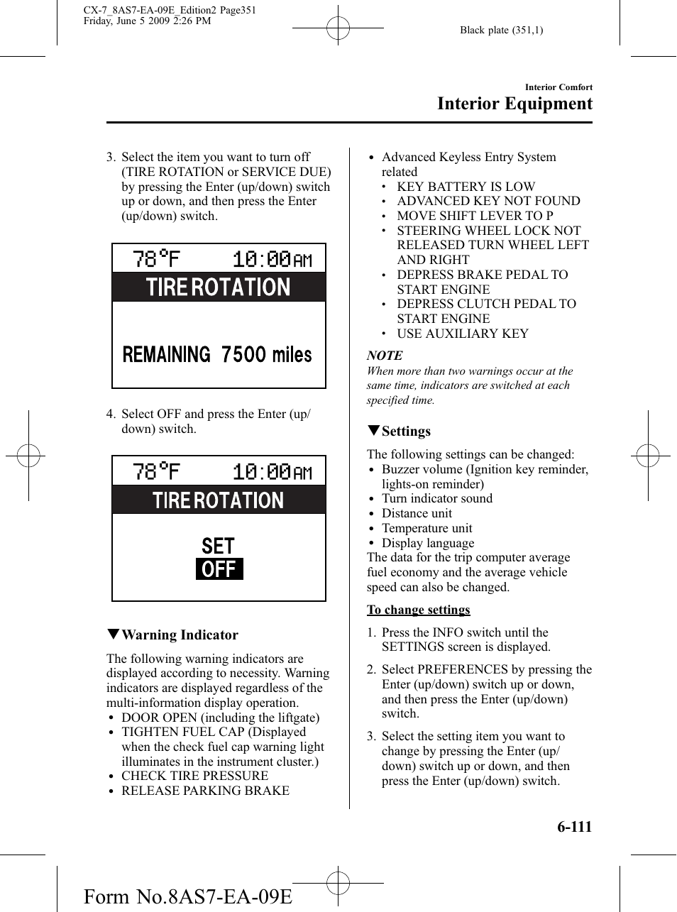 Form no.8as7-ea-09e, Interior equipment, Qwarning indicator | Qsettings | Mazda 2010 CX-7 User Manual | Page 351 / 510