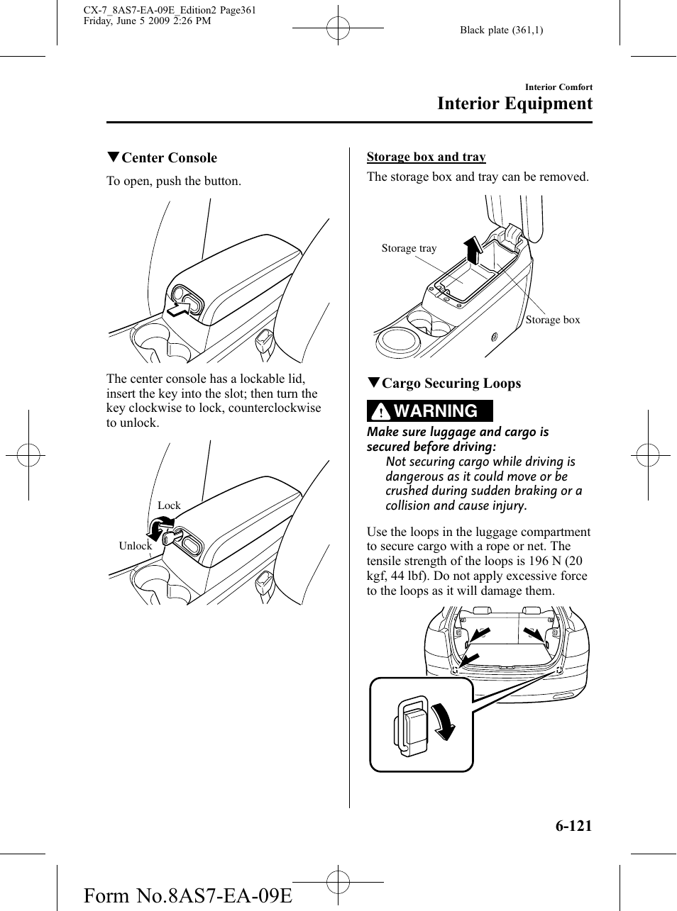 Form no.8as7-ea-09e, Interior equipment, Warning | Mazda 2010 CX-7 User Manual | Page 361 / 510