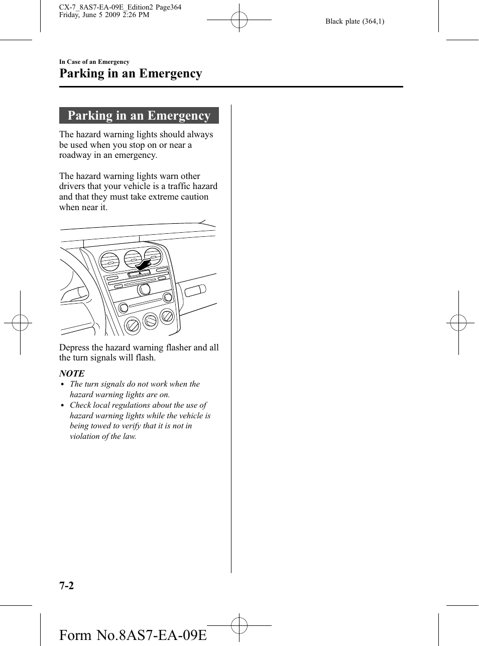 Parking in an emergency, Parking in an emergency -2, Form no.8as7-ea-09e | Mazda 2010 CX-7 User Manual | Page 364 / 510