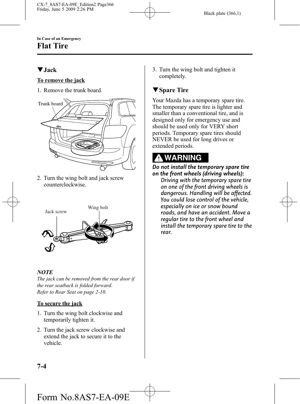 Form no.8as7-ea-09e, Flat tire, Warning | Mazda 2010 CX-7 User Manual | Page 366 / 510