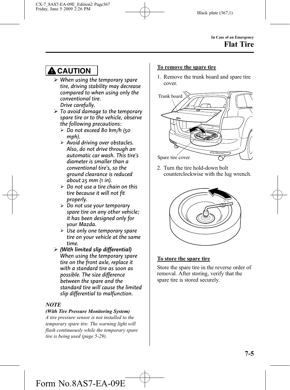 Form no.8as7-ea-09e, Flat tire, Caution | Mazda 2010 CX-7 User Manual | Page 367 / 510