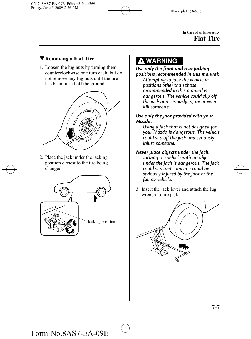 Form no.8as7-ea-09e, Flat tire, Warning | Mazda 2010 CX-7 User Manual | Page 369 / 510