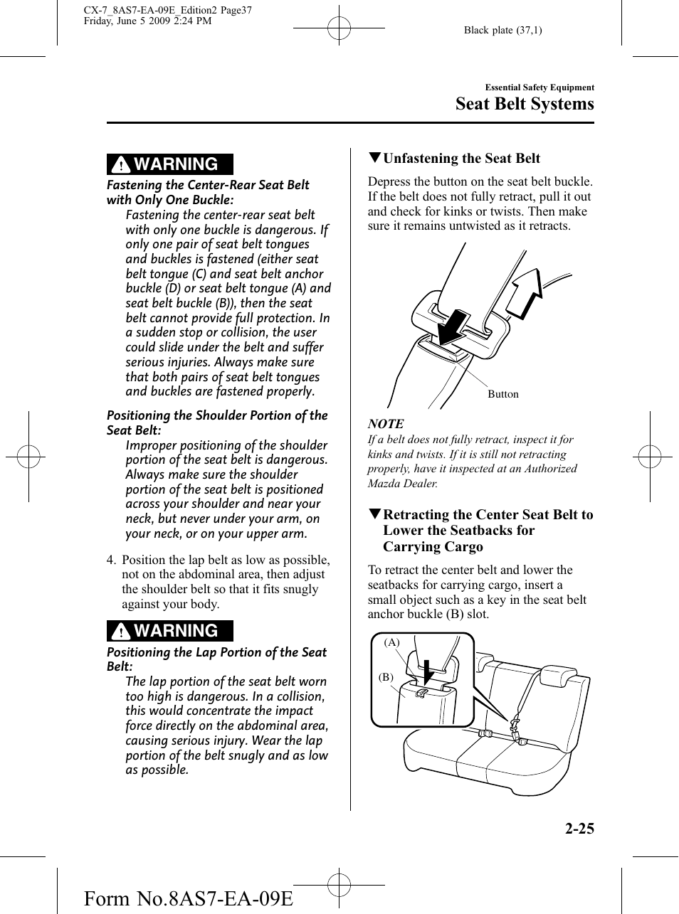 Form no.8as7-ea-09e, Seat belt systems, Warning | Mazda 2010 CX-7 User Manual | Page 37 / 510