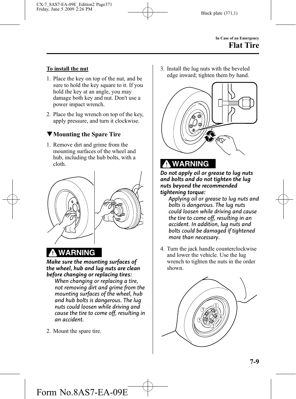 Form no.8as7-ea-09e, Flat tire, Warning | Mazda 2010 CX-7 User Manual | Page 371 / 510