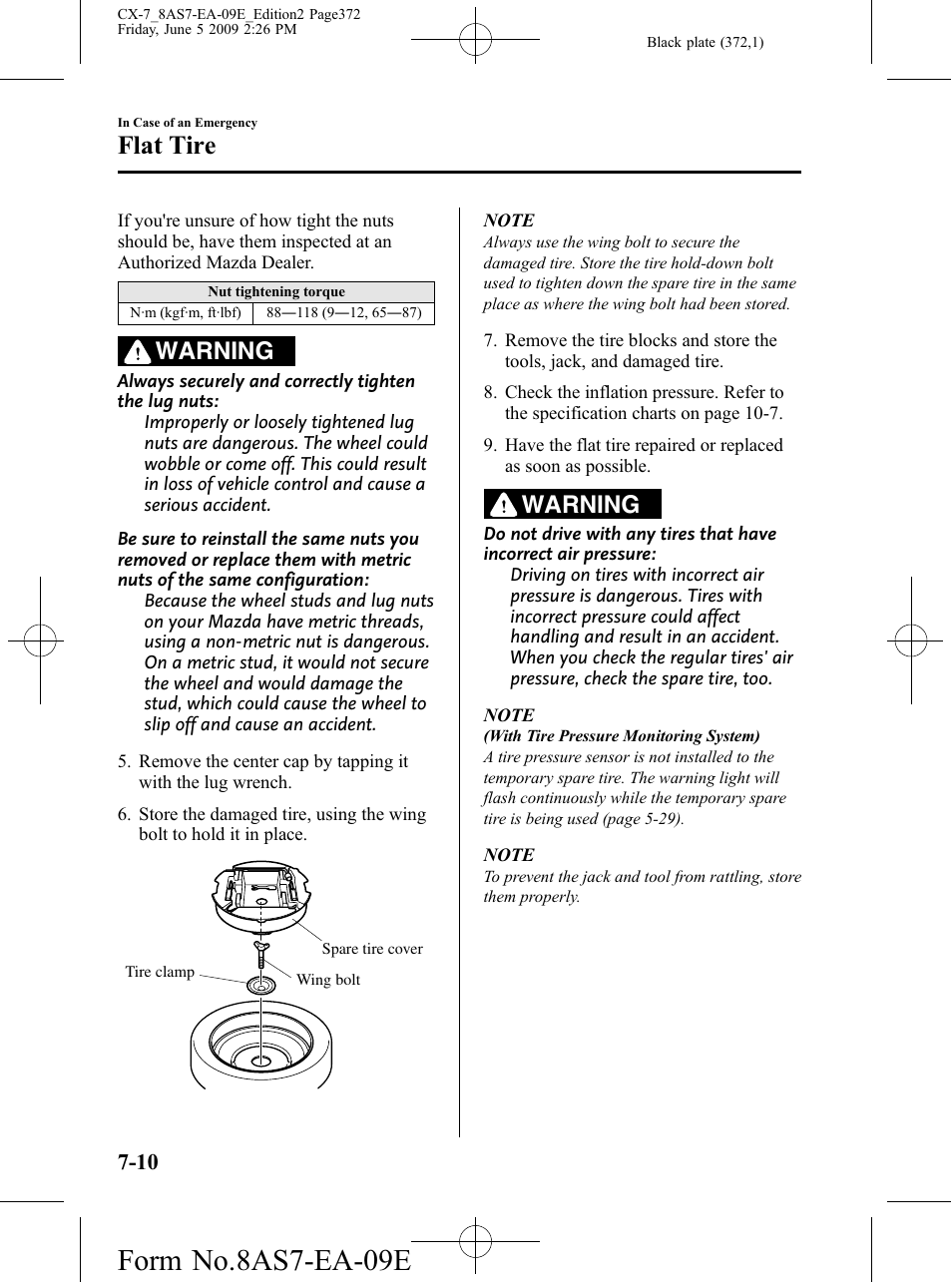 Form no.8as7-ea-09e, Flat tire, Warning | Mazda 2010 CX-7 User Manual | Page 372 / 510