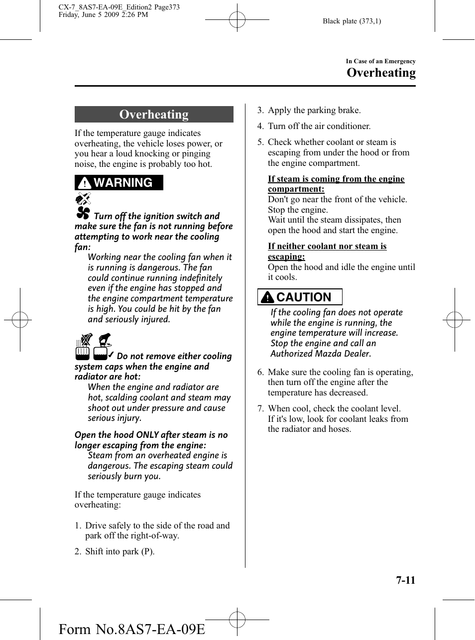 Overheating, Overheating -11, Form no.8as7-ea-09e | Warning, Caution | Mazda 2010 CX-7 User Manual | Page 373 / 510