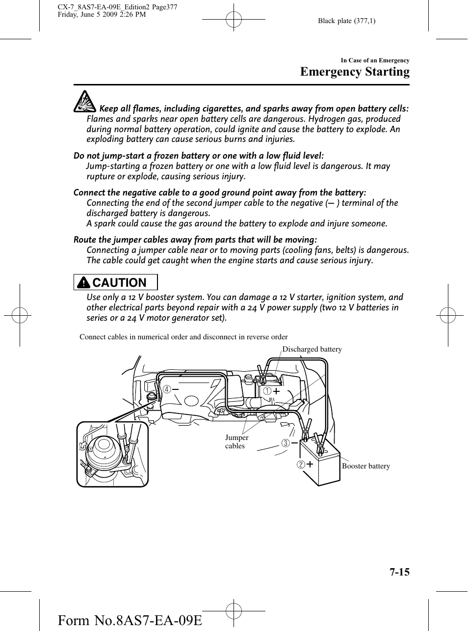 Form no.8as7-ea-09e, Emergency starting, Caution | Mazda 2010 CX-7 User Manual | Page 377 / 510