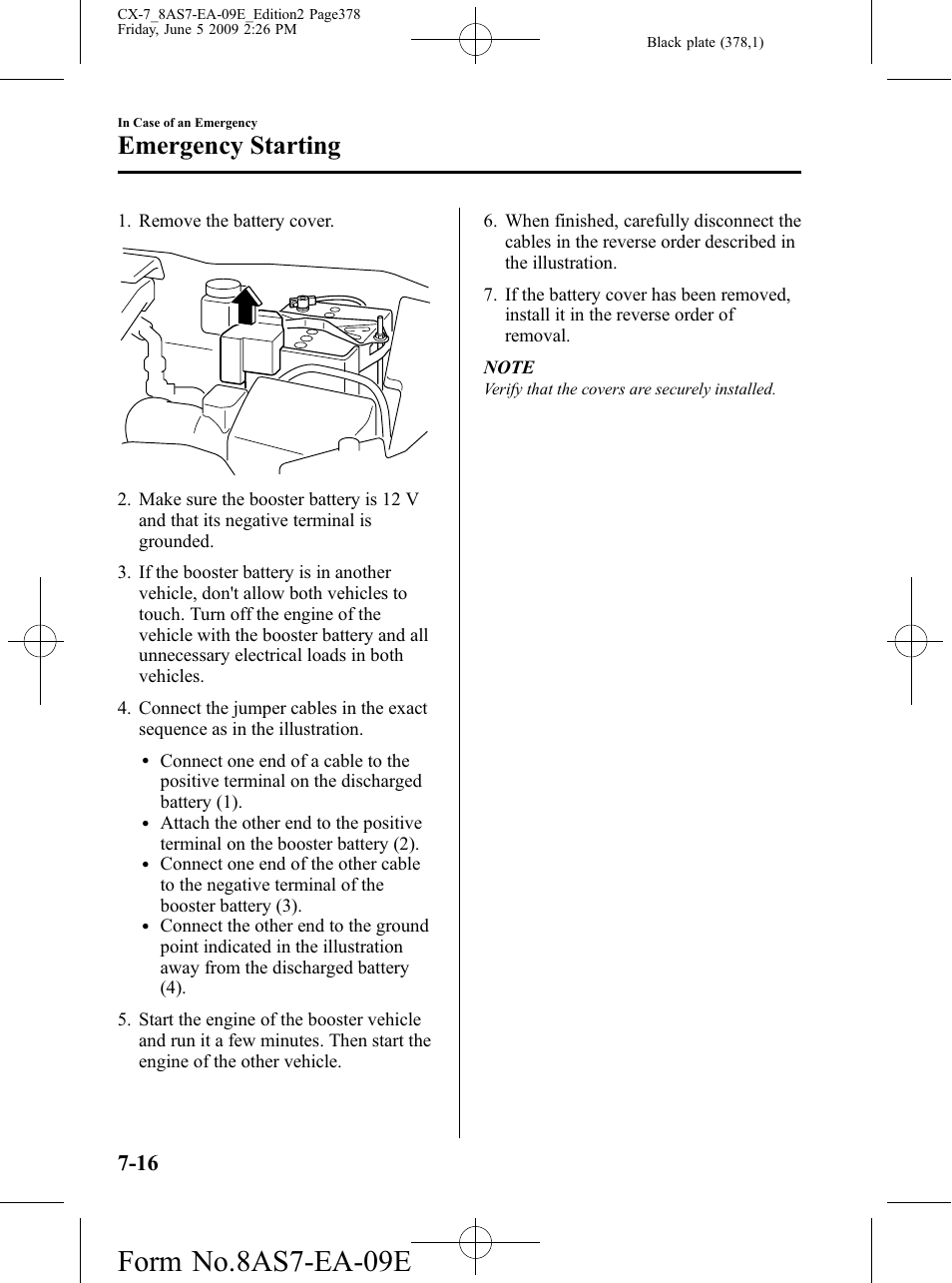 Form no.8as7-ea-09e, Emergency starting | Mazda 2010 CX-7 User Manual | Page 378 / 510