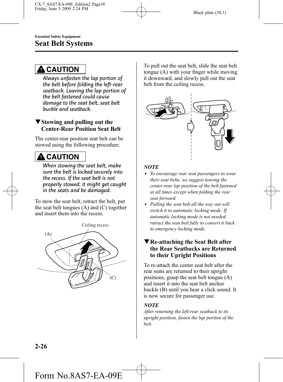 Form no.8as7-ea-09e, Seat belt systems, Caution | Mazda 2010 CX-7 User Manual | Page 38 / 510