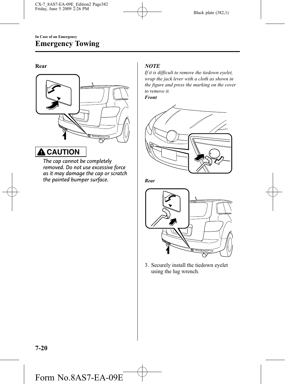 Form no.8as7-ea-09e, Emergency towing, Caution | Mazda 2010 CX-7 User Manual | Page 382 / 510