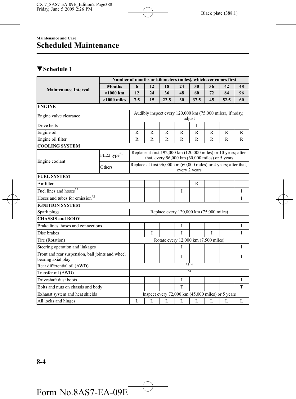 Form no.8as7-ea-09e, Scheduled maintenance, Qschedule 1 | Mazda 2010 CX-7 User Manual | Page 388 / 510